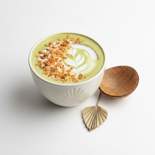 Coconut Matcha latte with toasted coconut flakes