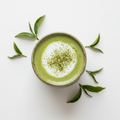 Classic Green Matcha latte with matcha powder and green tea leaves