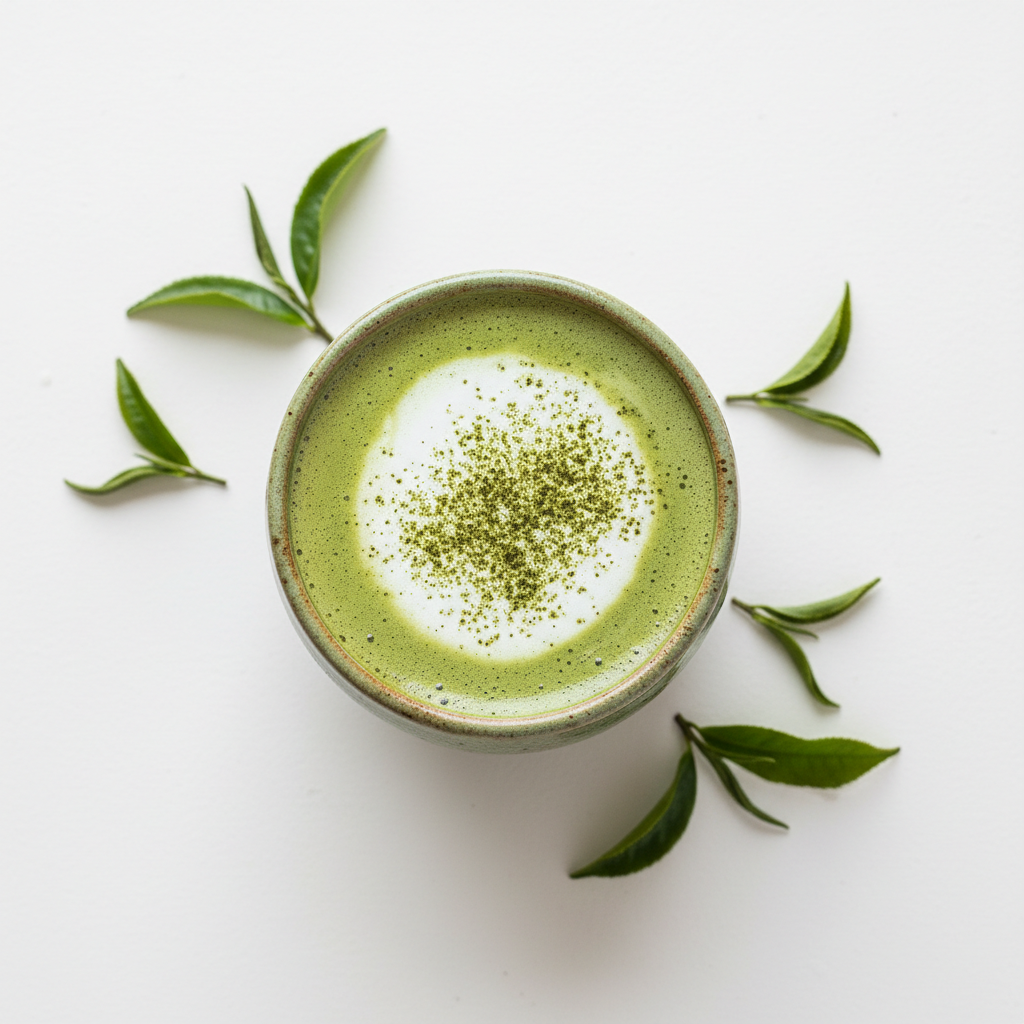 Classic Green Matcha latte with matcha powder and green tea leaves