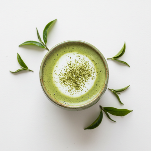 Classic Green Matcha latte with matcha powder and green tea leaves